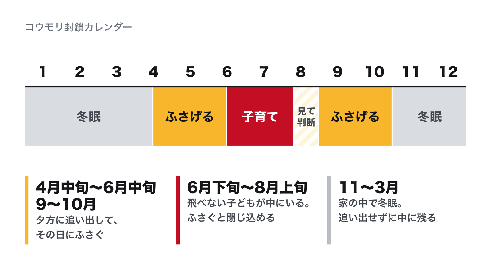 コウモリ封鎖カレンダー。4月中旬〜6月中旬と9〜10月は追い出してふさげる。6月下旬〜8月上旬は子育て中でふさげない。11〜3月は冬眠中でふさげない