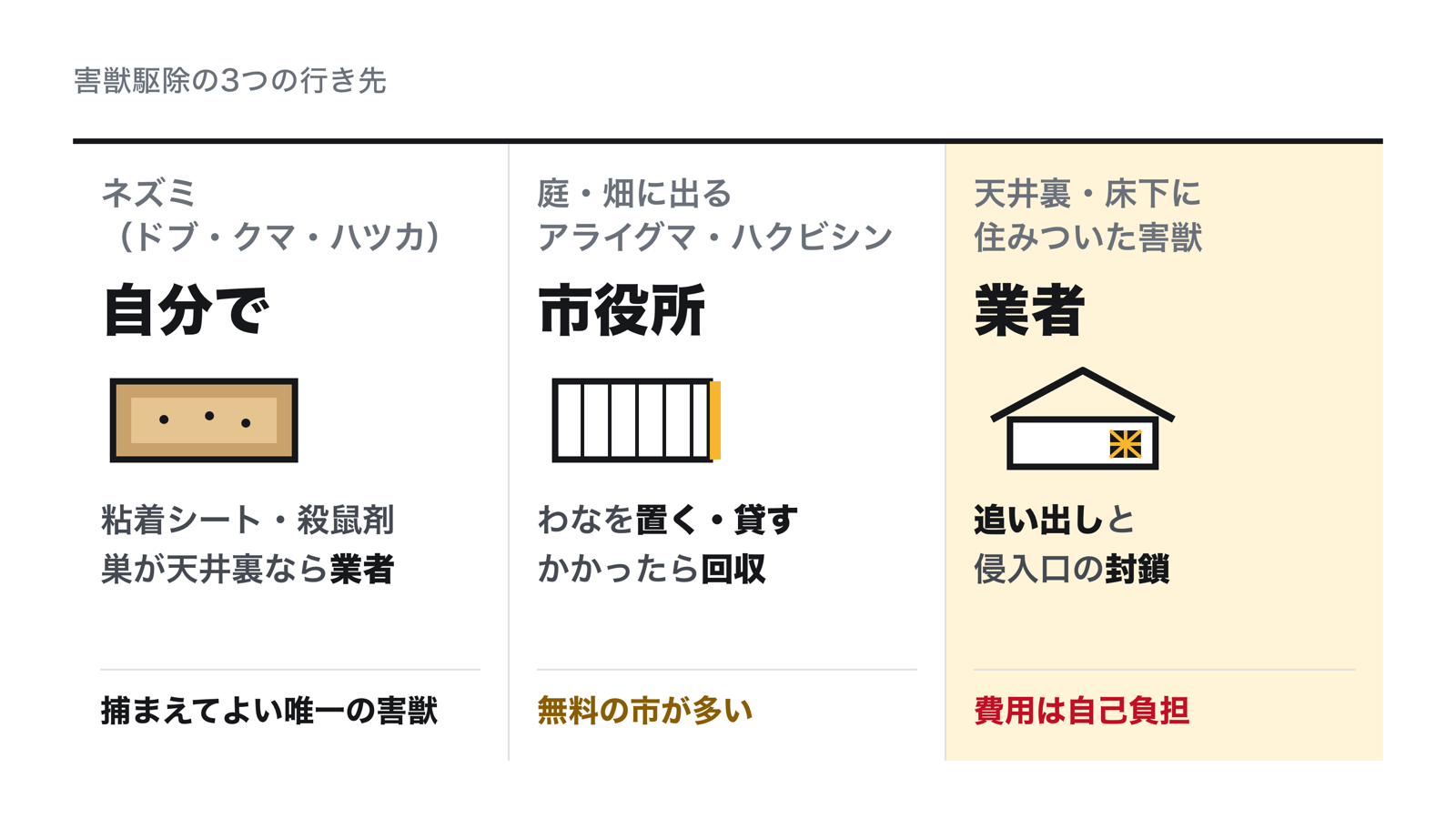 害獣駆除の3つの行き先。ネズミは自分で駆除できる、庭や畑のアライグマとハクビシンは市役所のわな、天井裏の害獣は業者が追い出してふさぐ