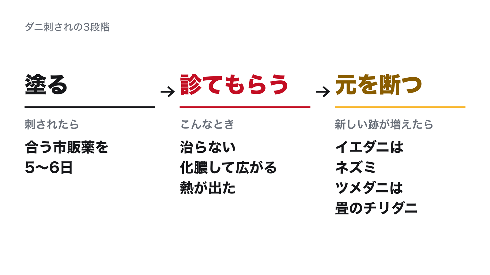 ダニ刺されの塗る・診てもらう・元を断つの3段階。塗るは症状に合う市販薬を5〜6日、診てもらうは治らない・化膿・広がる・熱が出たとき、元を断つは薬で治まっても新しい跡が増えるとき。イエダニはネズミ、ツメダニは畳のチリダニが元