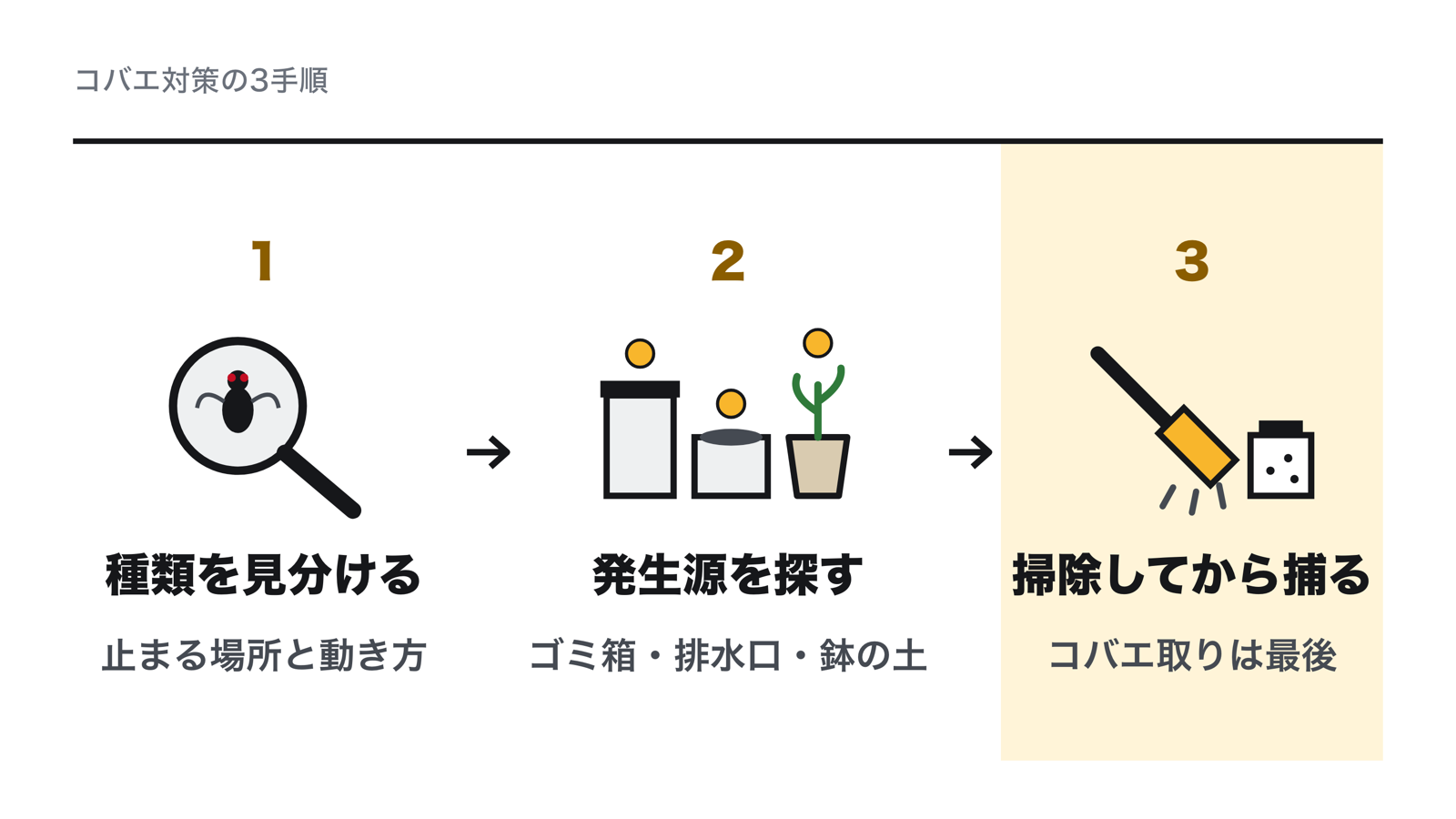 コバエ対策の3手順。1は種類を見分ける、2は発生源を探す、3は発生源を掃除してから残った成虫を捕る